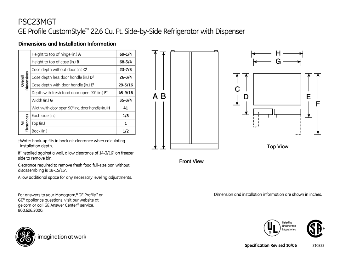 GE PSC25MGTWW, PSC25MGTBB, PSC23MGTWW, PSC23MGTBB, PSC23MGTCC dimensions H G E F, Dimensions and Installation Information 