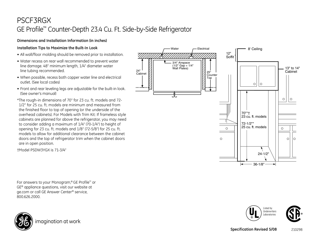 GE PSCF3RGX dimensions 210298 