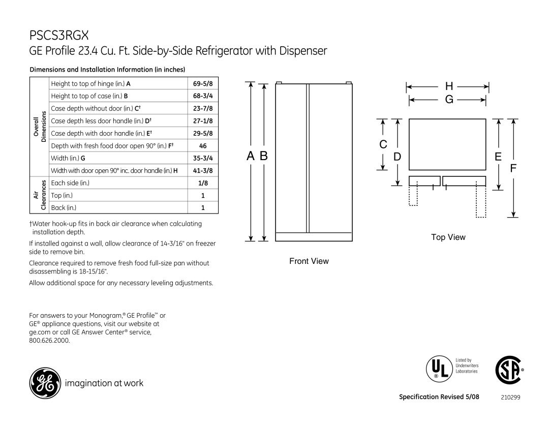 GE PSCS3RGX dimensions 