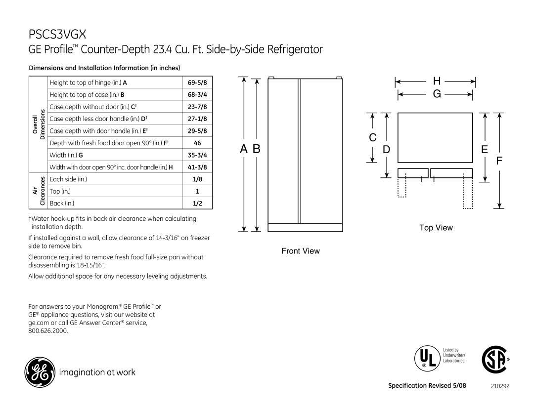 GE PSCS3VGX dimensions Front View, Top View 