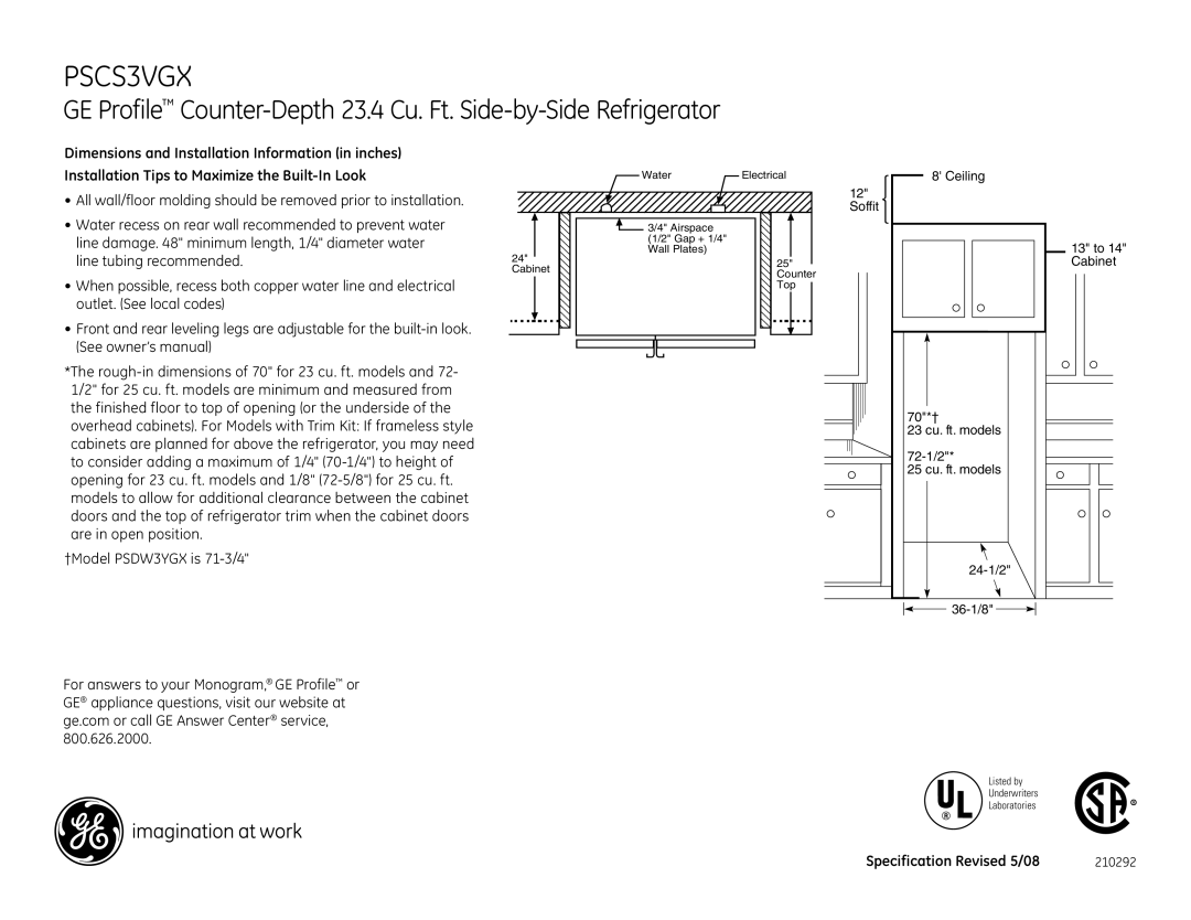 GE PSCS3VGX dimensions 210292 