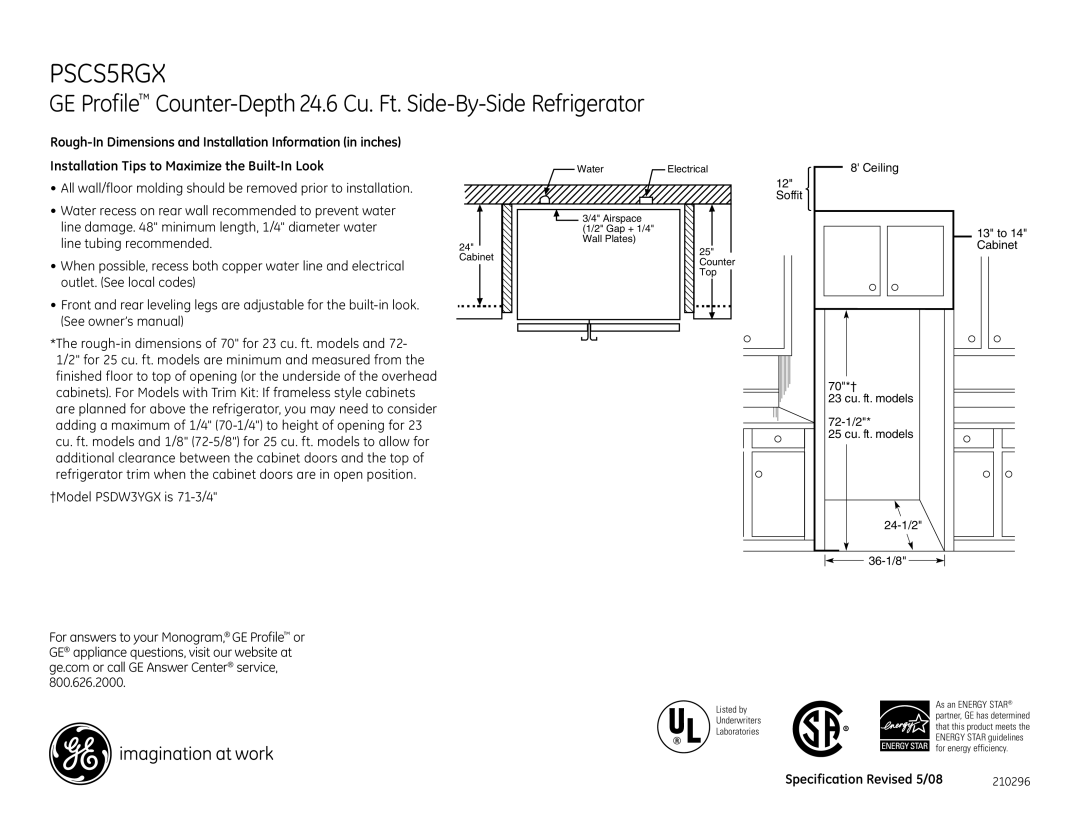 GE PSCS5RGX dimensions 210296 