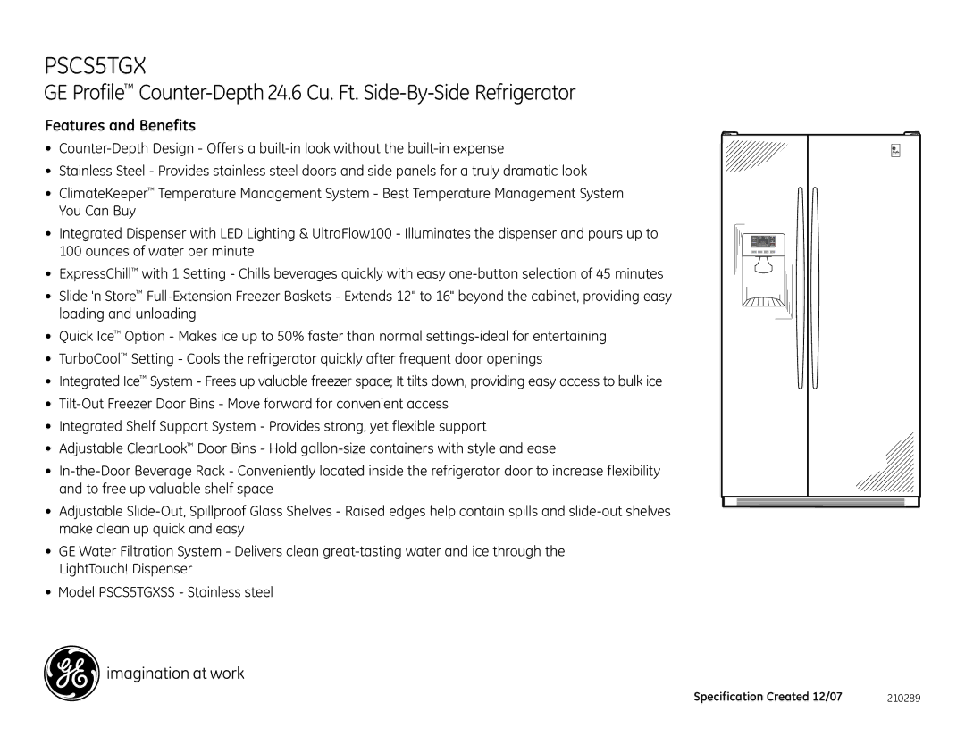 GE PSCS5TGX dimensions Features and Benefits 