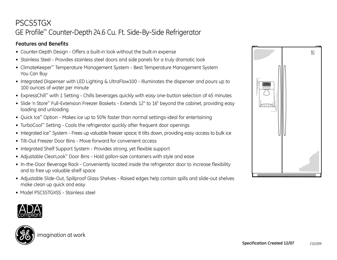 GE PSCS3TGXSS, PSCS5TGXSS dimensions Features and Benefits 
