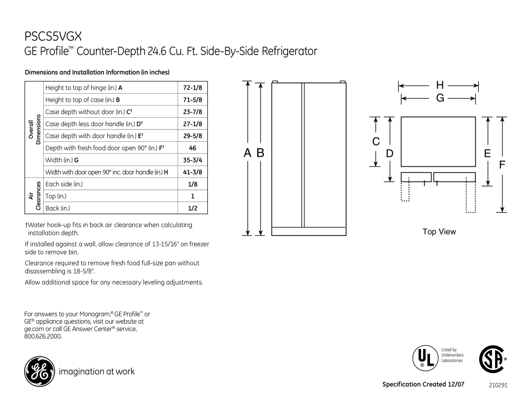 GE PSCS5VGX dimensions 41-3/8, Each side Back Top, Specification Created 12/07 