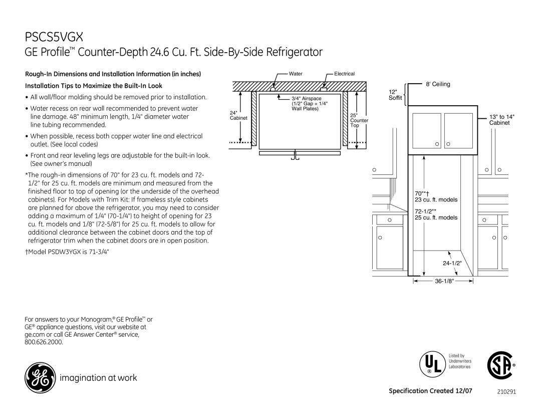 GE PSCS5VGX dimensions 210291 