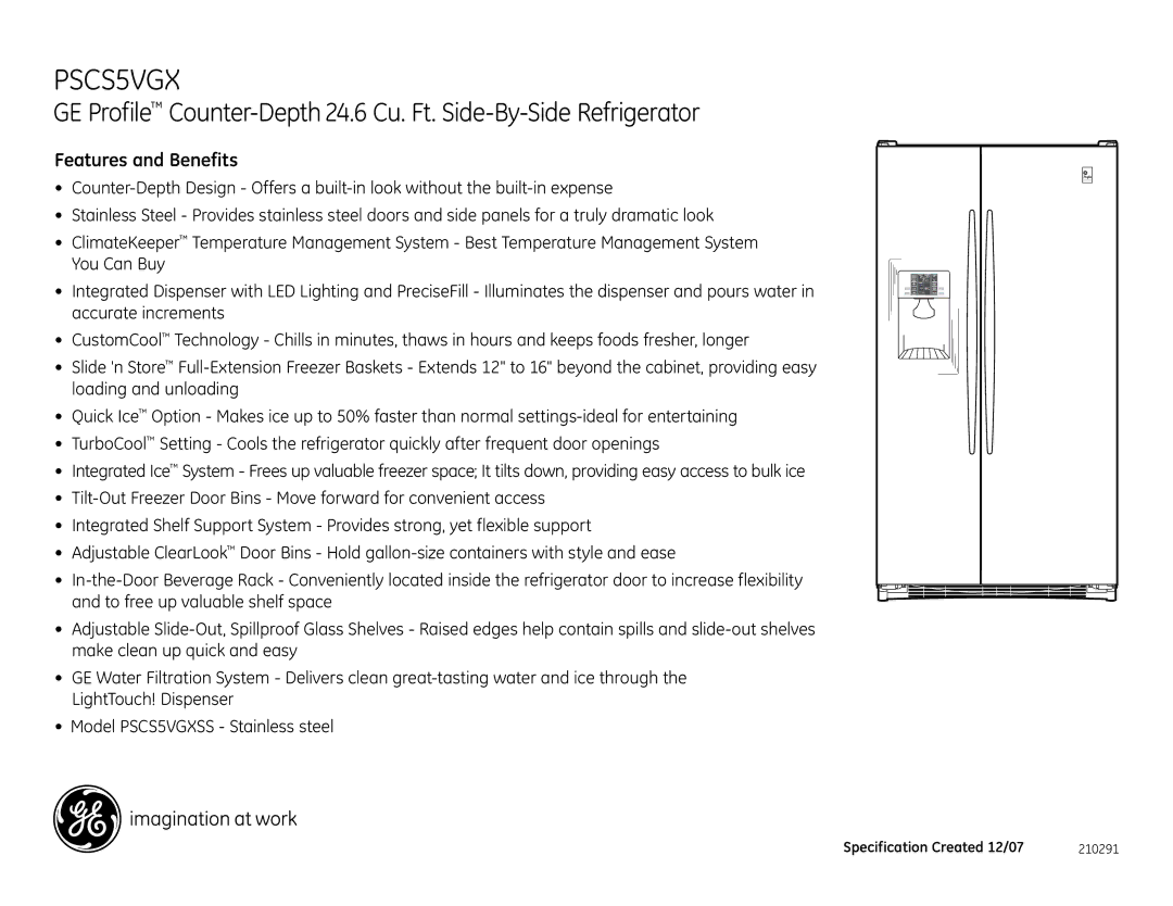 GE PSCS5VGX dimensions Features and Benefits 