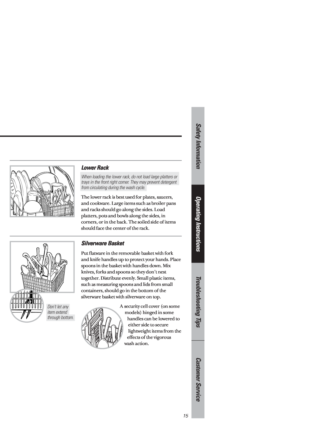 GE PSD330, PSD200 Lower Rack, Silverware Basket, Don’t let any, Safety Information, Troubleshooting Tips Customer Service 