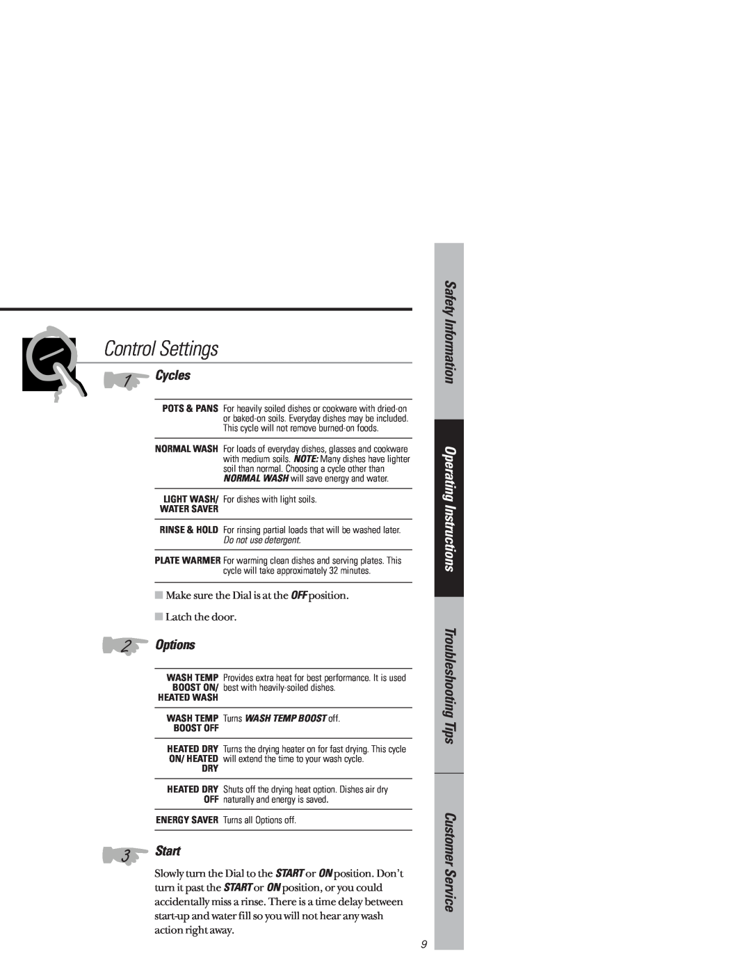 GE PSD900 Control Settings, Cycles, Options, Start, Safety Information, Operating Instructions, Water Saver, Heated Wash 