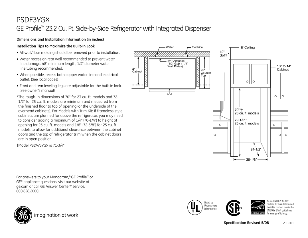 GE PSDF3YGX dimensions Cabinet 