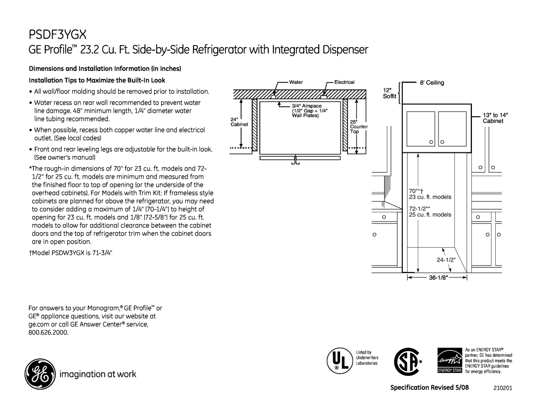 GE PSDF3YGX dimensions Dimensions and Installation Information in inches, Installation Tips to Maximize the Built-InLook 
