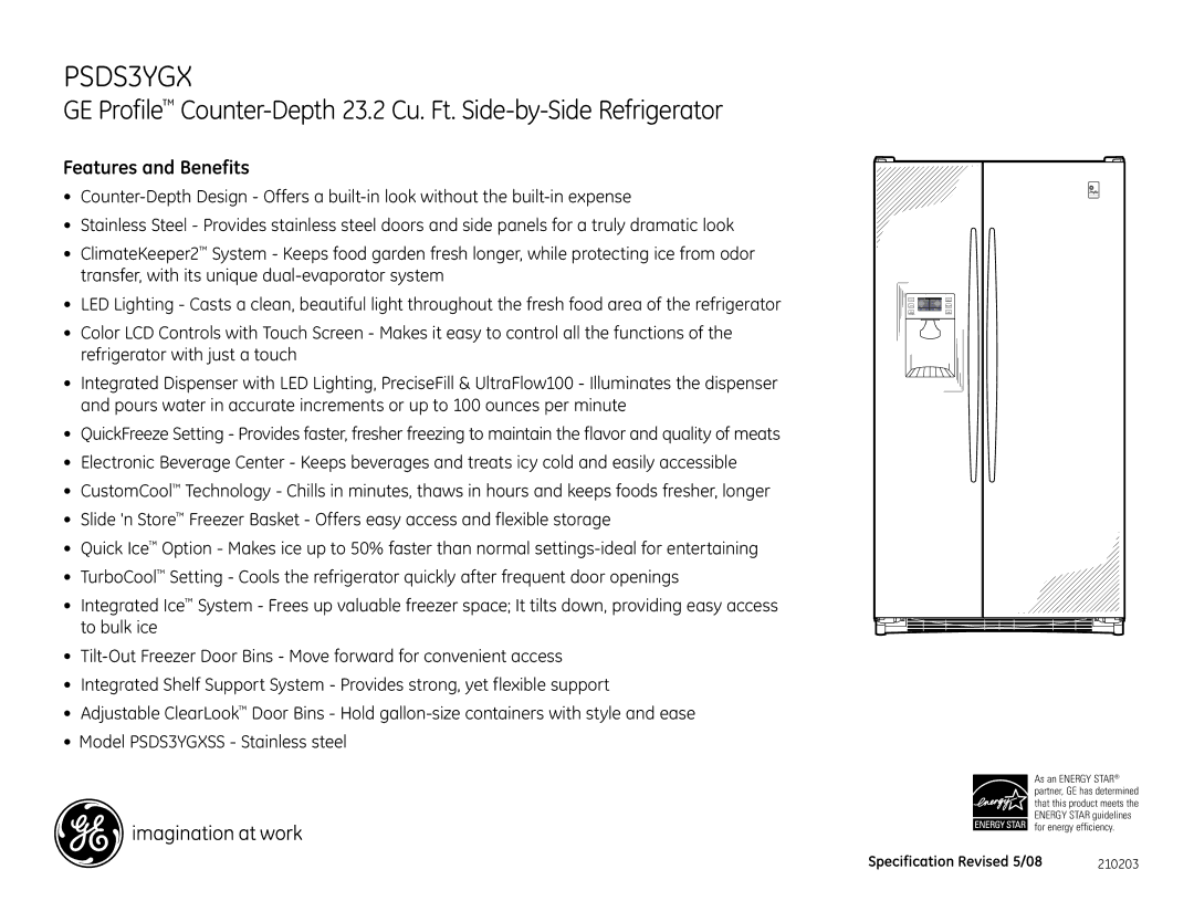GE PSDS3YGX dimensions Features and Benefits 