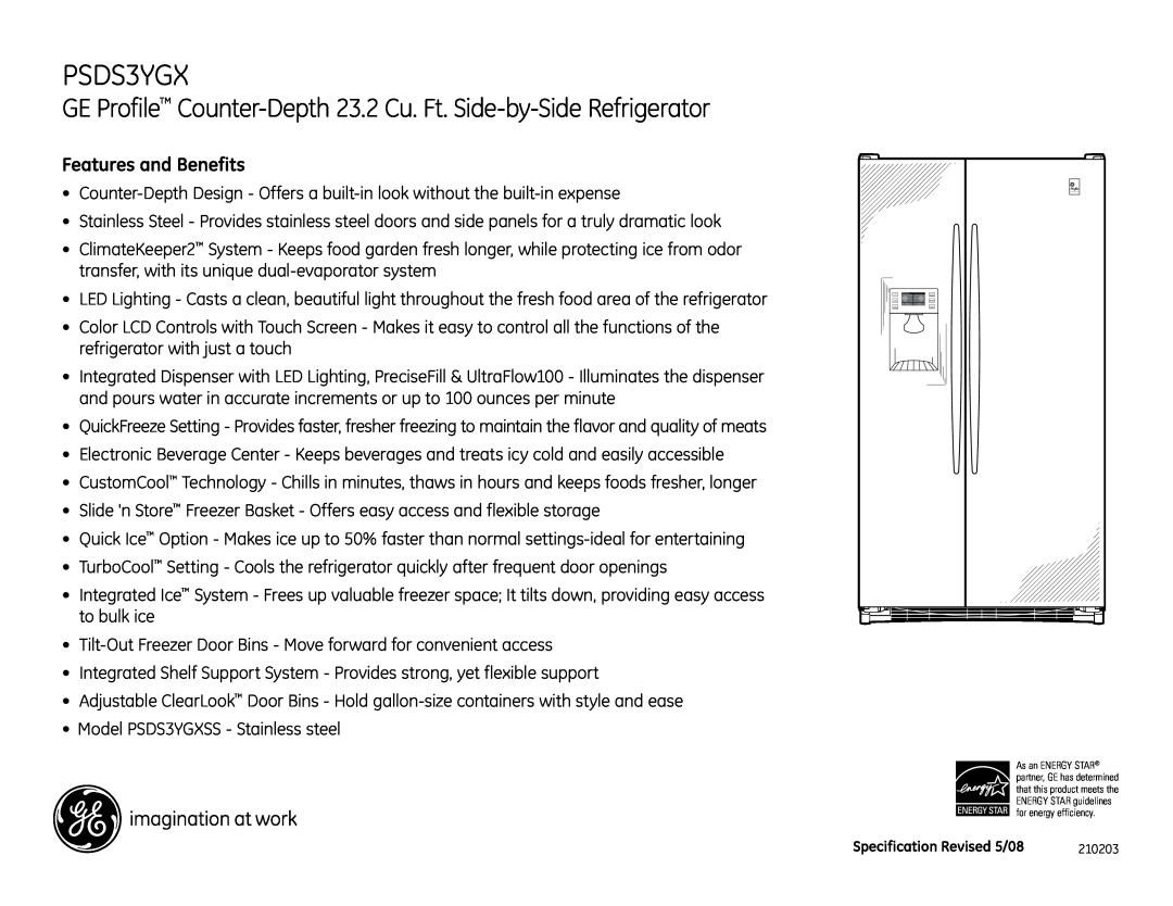 GE PSDS3YGX dimensions GE Profile Counter-Depth 23.2 Cu. Ft. Side-by-Side Refrigerator, Features and Benefits 