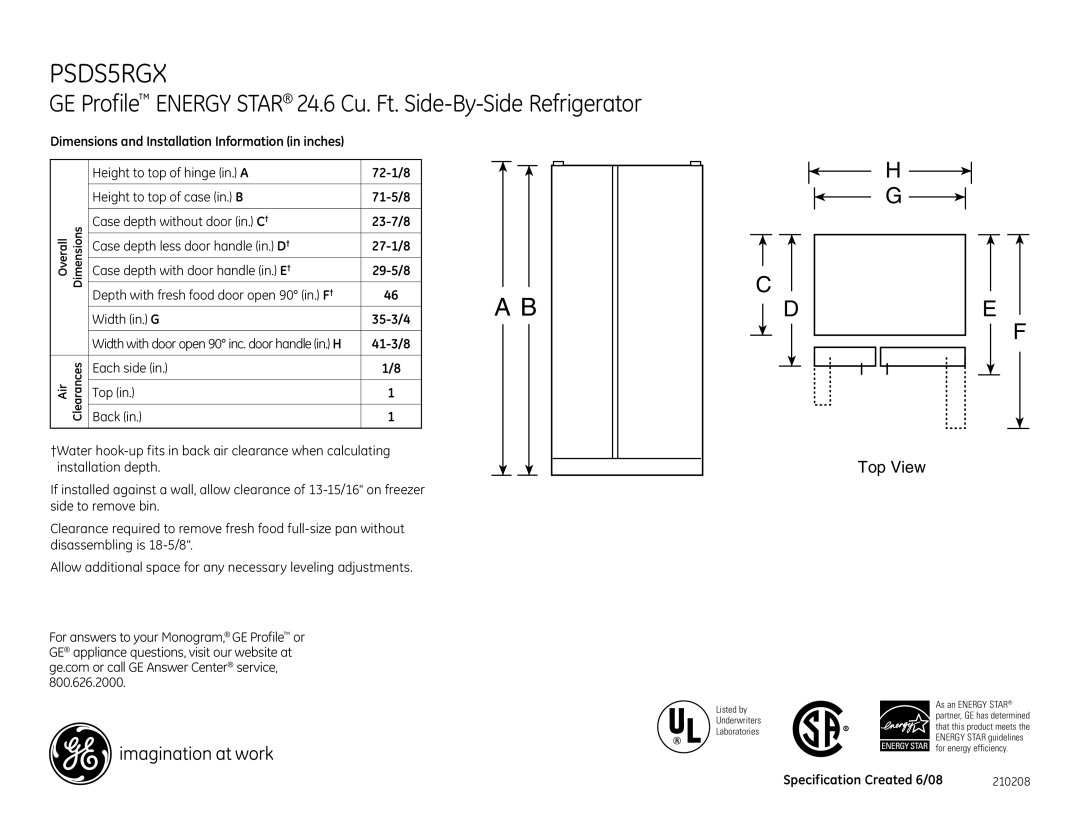 GE dimensions PSDS5RGX, Top View, 41-3/8, Each side Back Top, Specification Created 6/08 