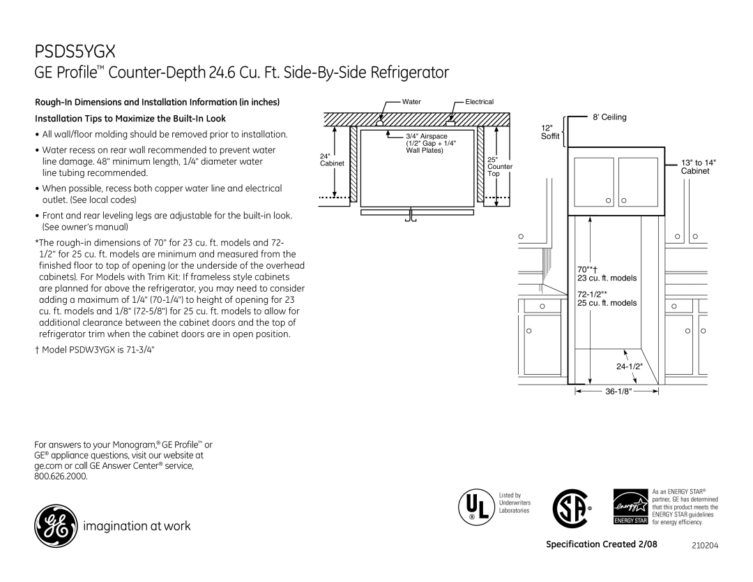 GE PSDS5YGXSS dimensions Ceiling 