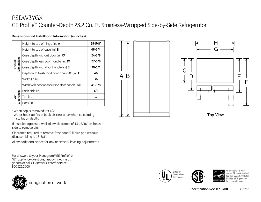 GE PSDW3YGX dimensions Top View, 41-3/8, Each side Top Back, Specification Revised 5/08 