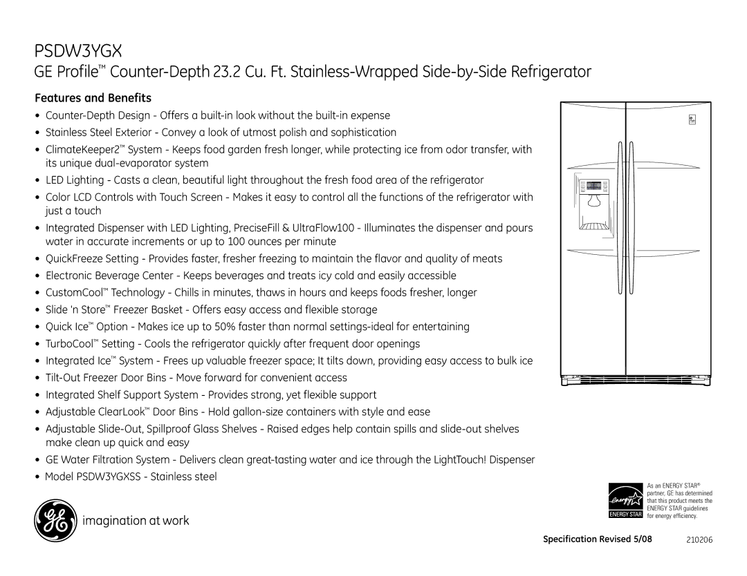 GE PSDW3YGX dimensions Features and Benefits 