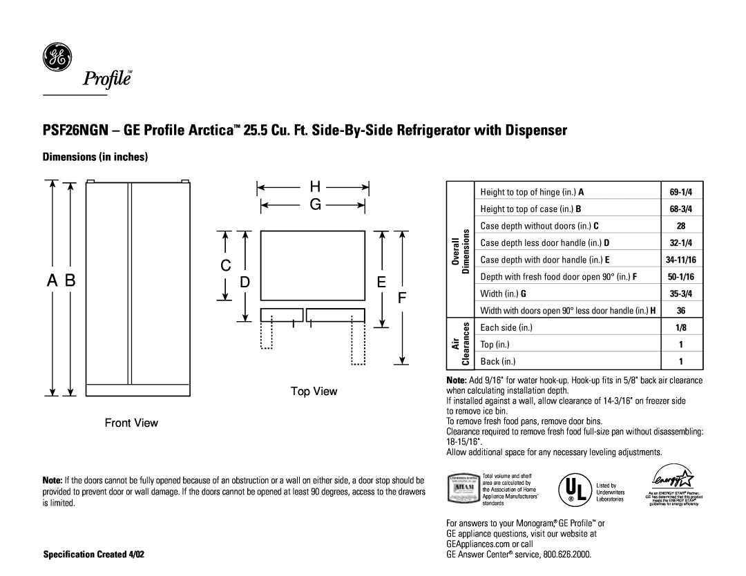 GE PSF26NGNCC, PSF26NGNBB, PSF26NGNWW dimensions H G E F, Dimensions in inches, Front View, Top View 