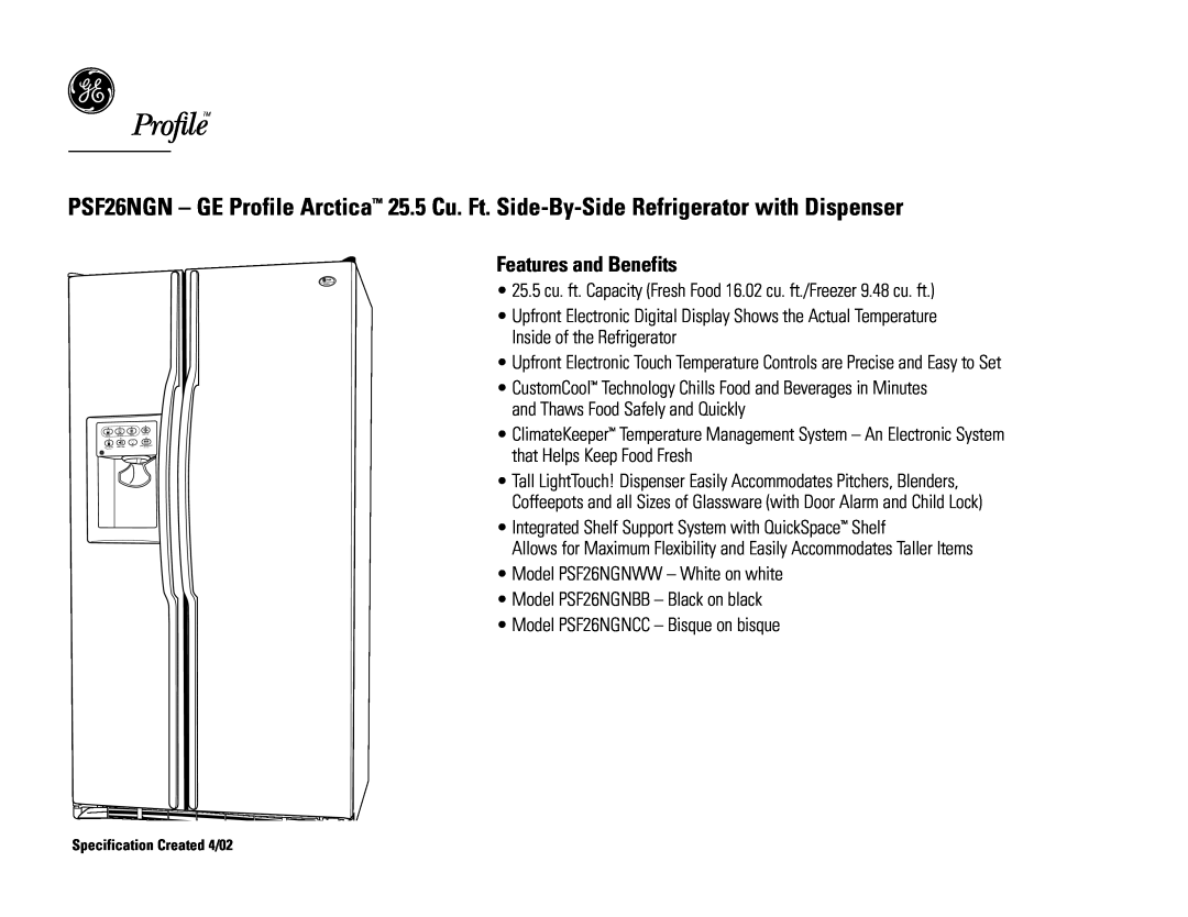 GE PSF26NGNBB, PSF26NGNCC, PSF26NGNWW dimensions Features and Benefits 