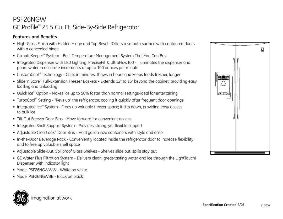 GE PSF26NGW dimensions Features and Benefits 