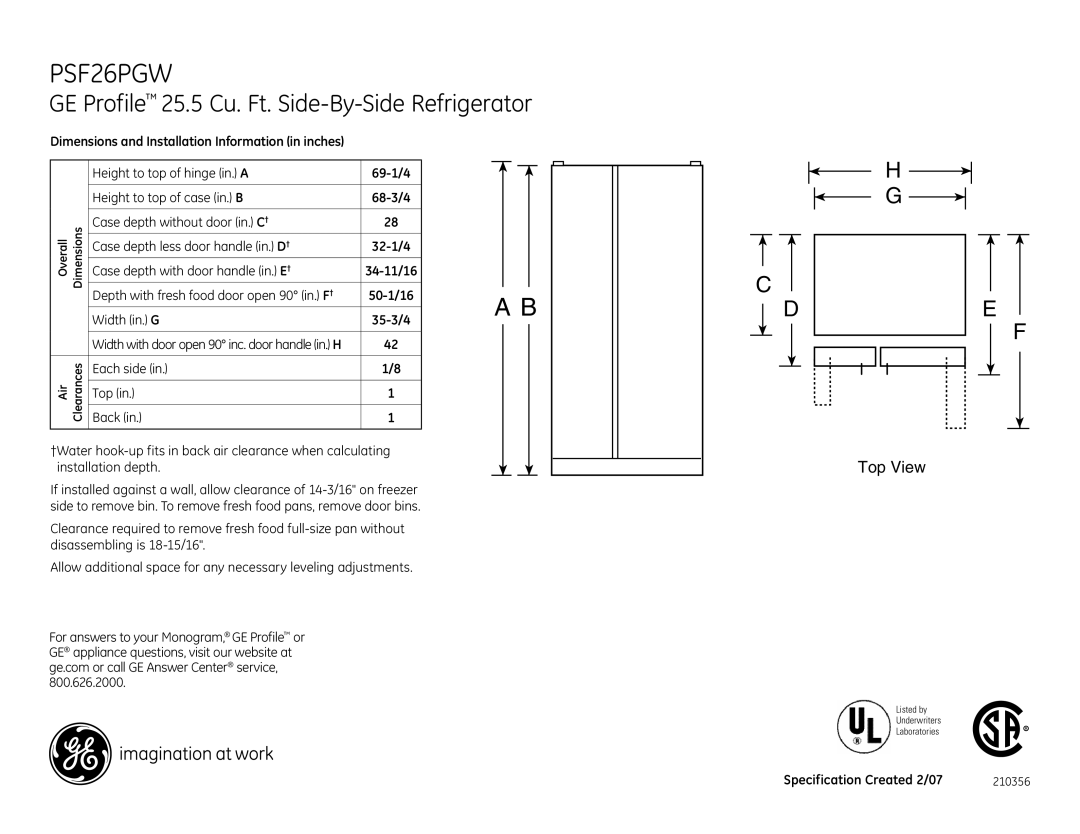 GE PSF26PGWWW dimensions PSF26PGW, GE Profile 25.5 Cu. Ft. Side-By-Side Refrigerator, Each side Back Top 