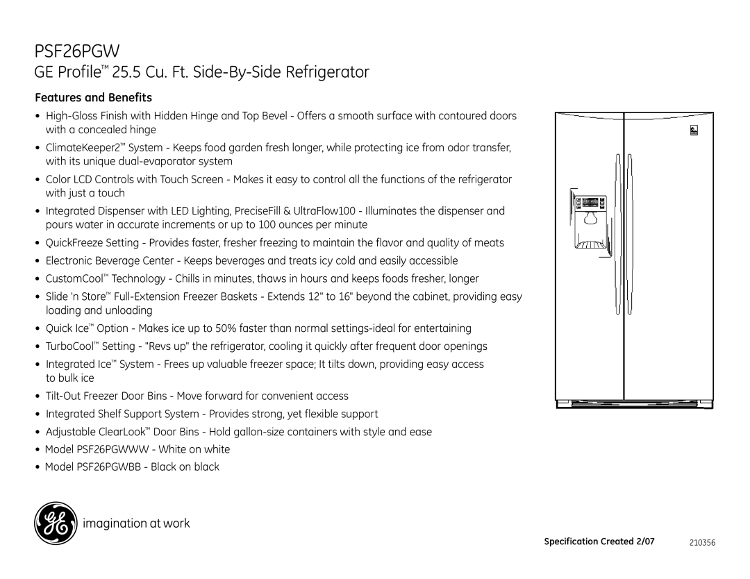 GE PSF26PGWWW dimensions Features and Benefits 