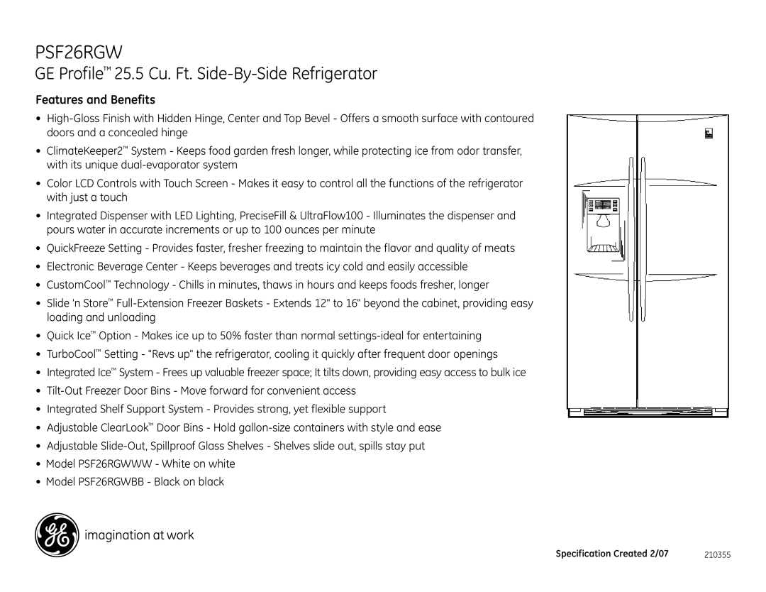 GE PSF26RGW dimensions Features and Benefits 