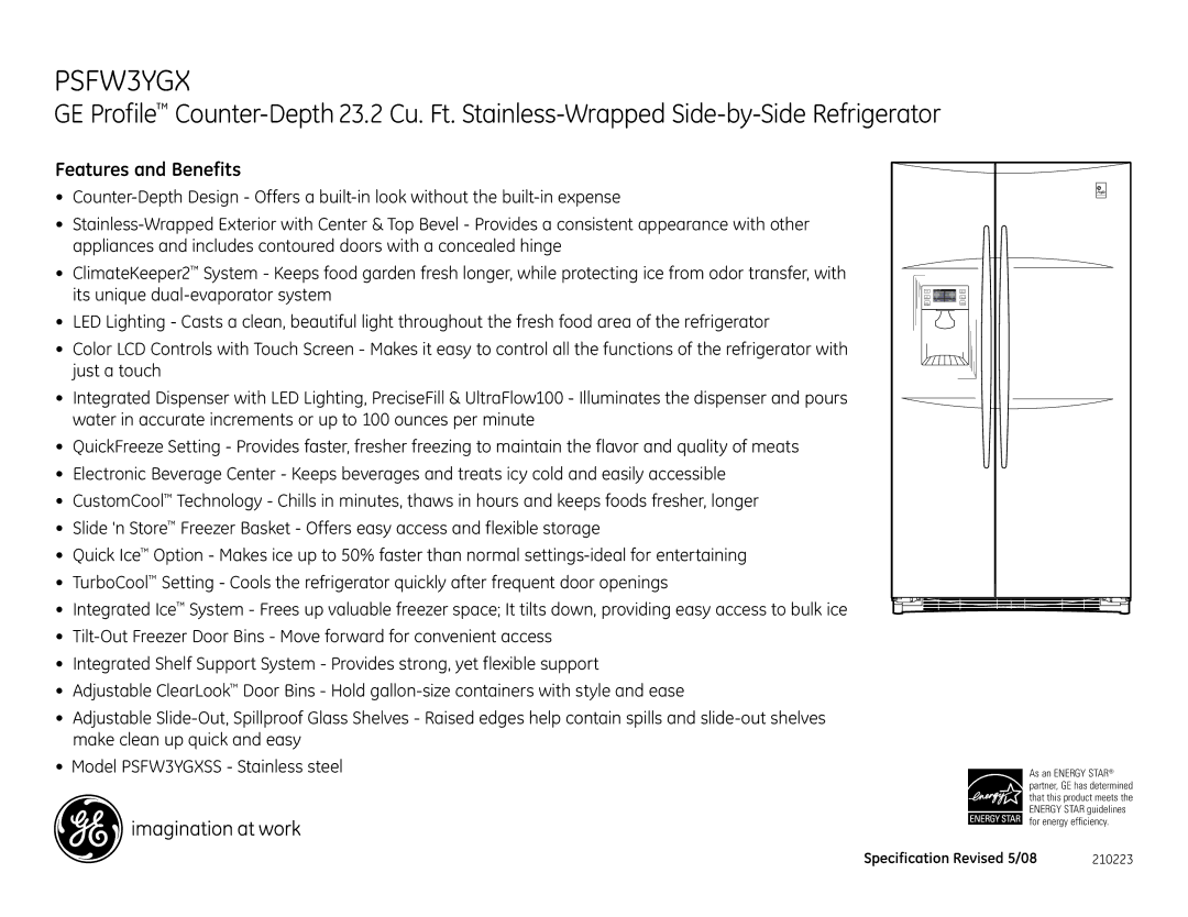 GE PSFW3YGX dimensions Features and Benefits 