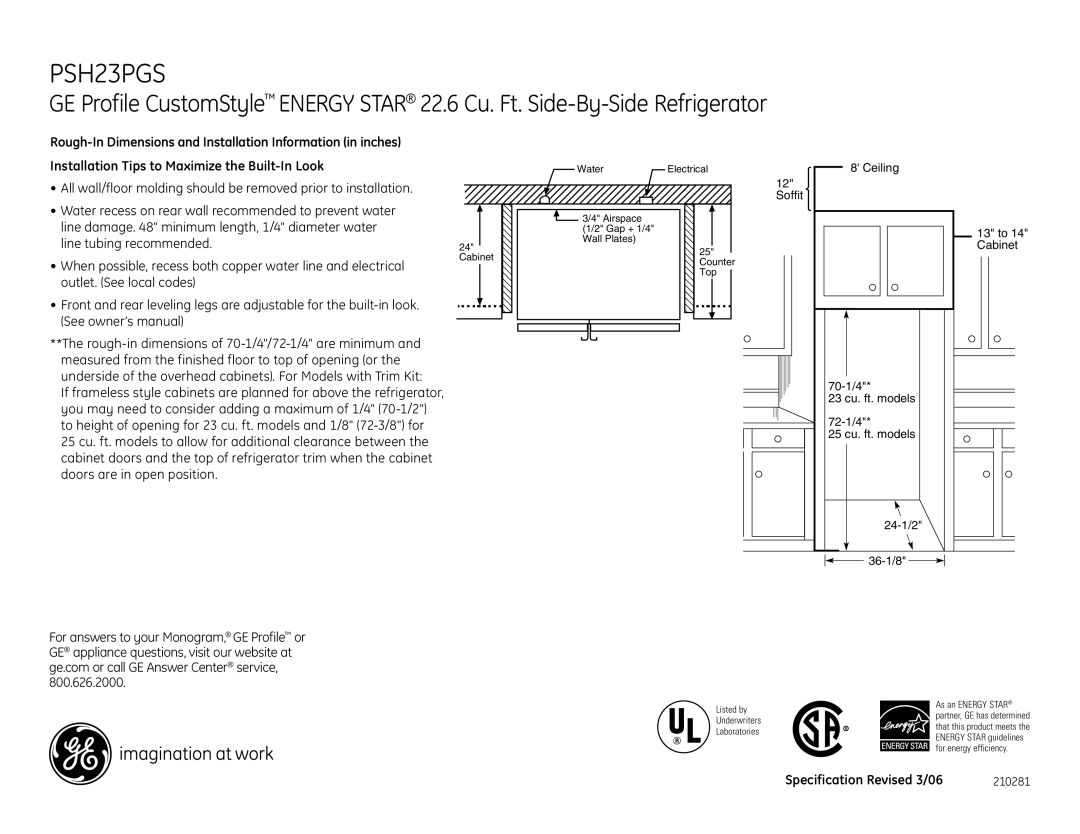 GE PSH23PGSBV, PSH23PGSCV, PSH23PGSWV, PSI23MGP, PSI23PGR, PSI23NGP dimensions Soffit 