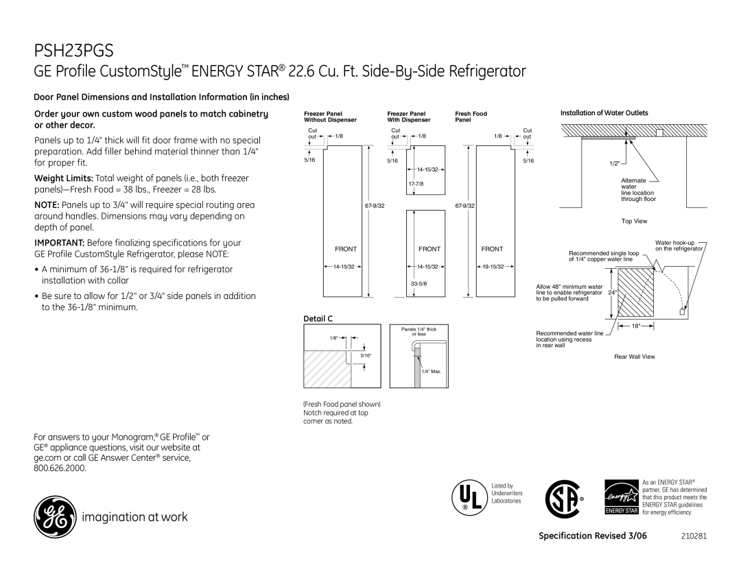 GE PSH23PGSWV, PSH23PGSCV, PSH23PGSBV, PSI23MGP, PSI23PGR, PSI23NGP dimensions Depth of panel 