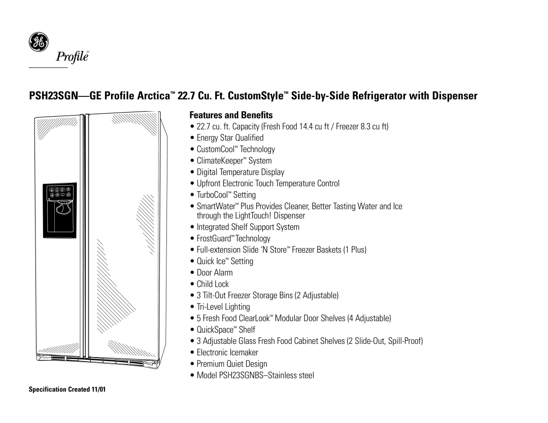 GE PSH23SGNBS dimensions Features and Benefits 