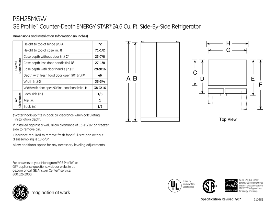 GE PSH25MGWWV dimensions PSH25MGW 