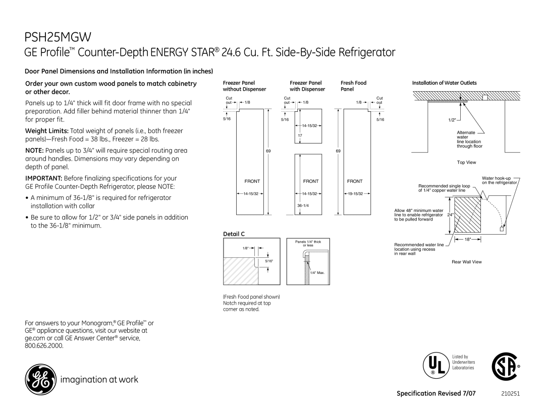 GE PSH25MGWWV dimensions Panels up to 1/4 thick will fit door frame with no special, Detail C 