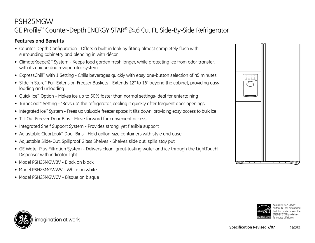 GE PSH25MGWWV dimensions Features and Benefits 