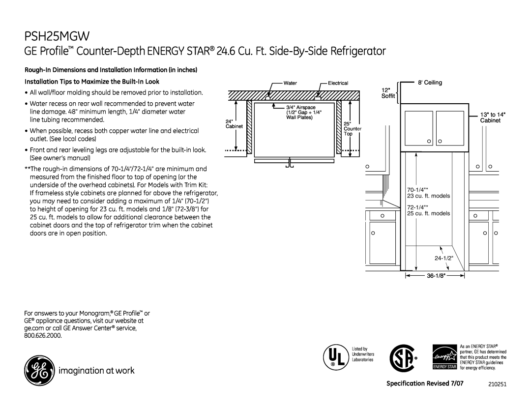 GE PSH25MGWWV dimensions PSH25MGW, Specification Revised 7/07, Soffit, Cabinet, Water, Electrical, Counter Top 