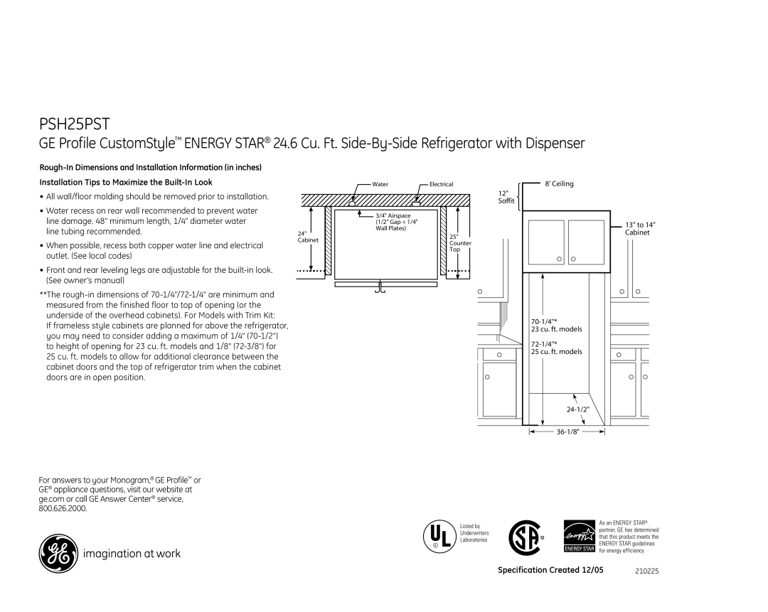 GE PSH25PST dimensions Cabinet 