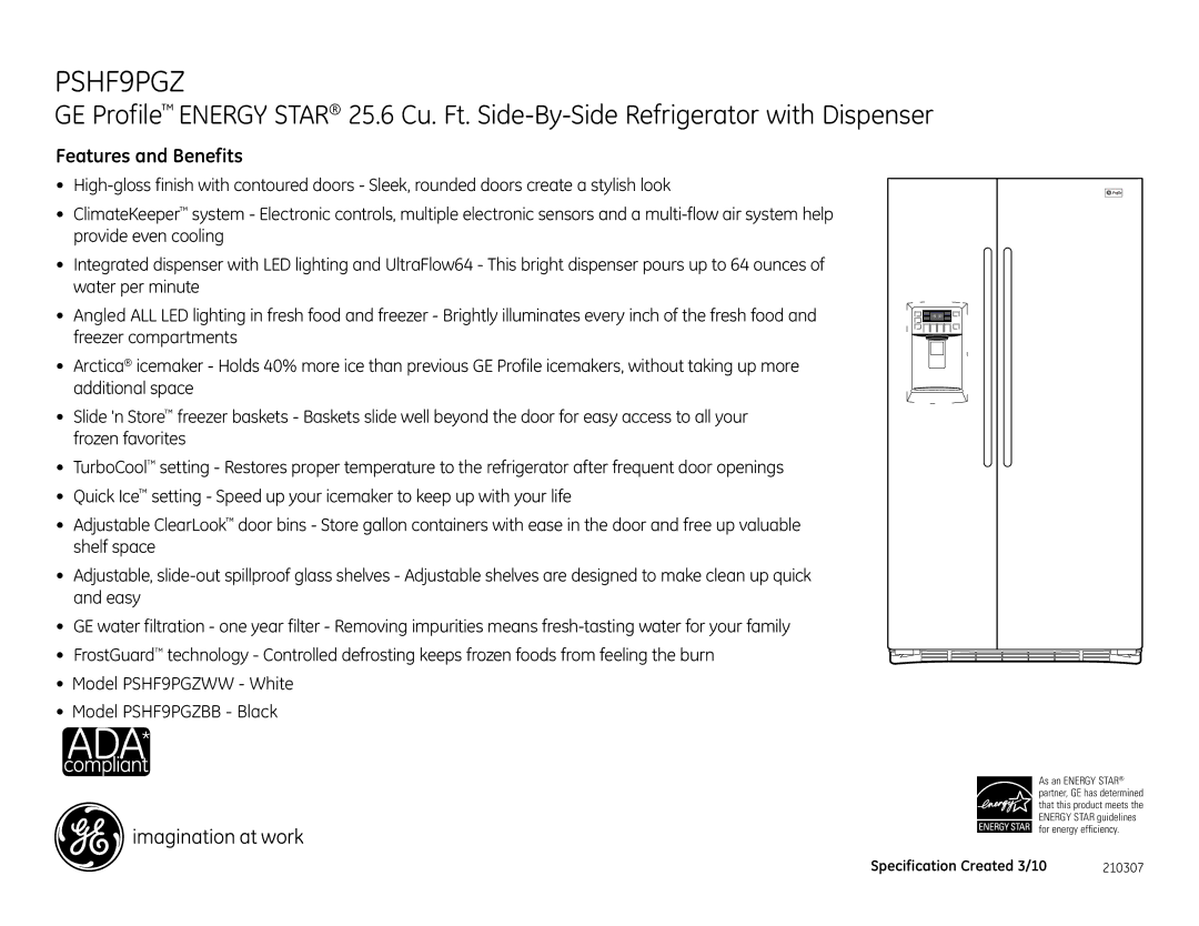 GE PSHF9PGZWW, PSHF9PGZBB dimensions Features and Benefits 