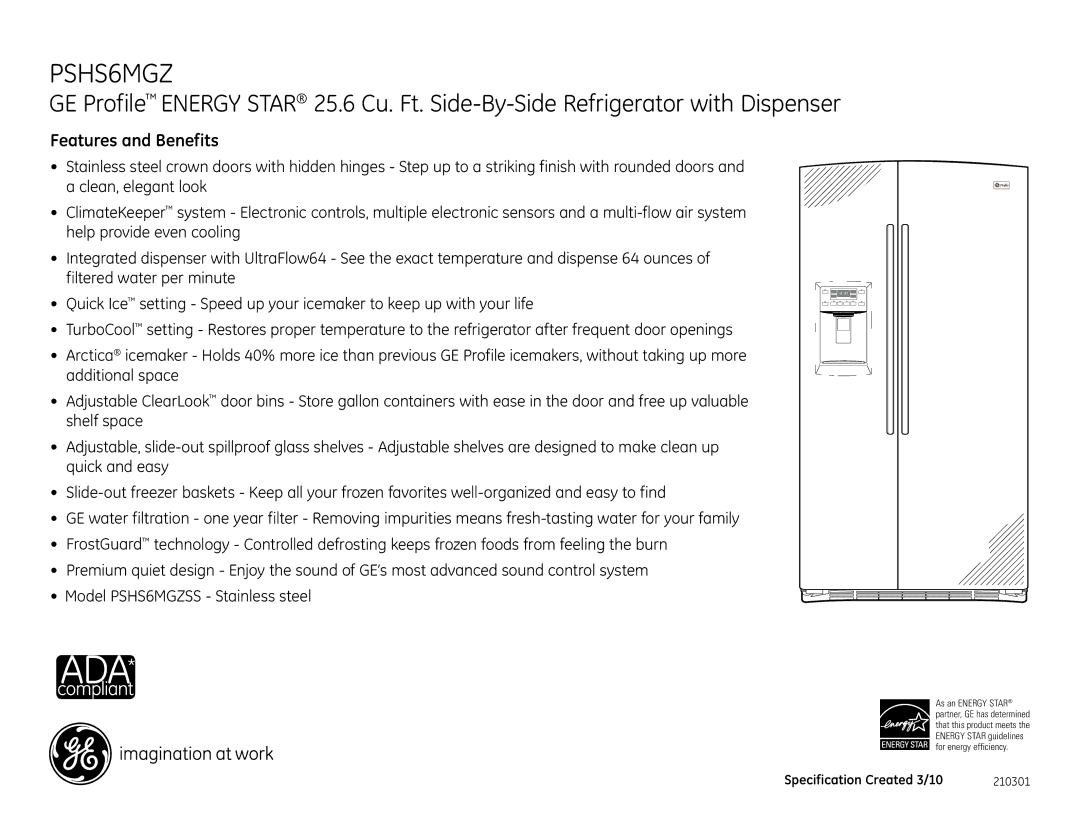 GE PSHS6MGZ dimensions Features and Benefits 