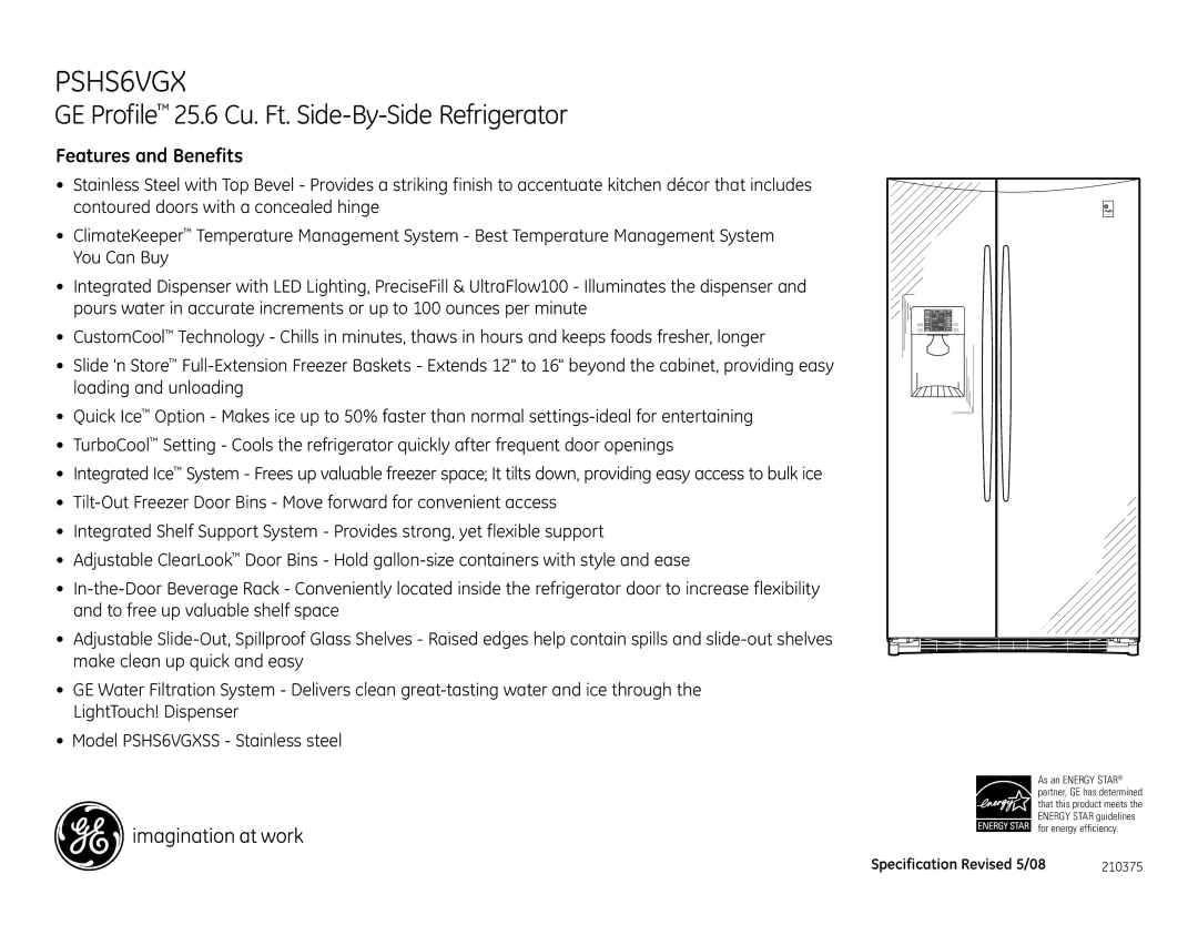 GE PSHS6VGX dimensions Features and Benefits 