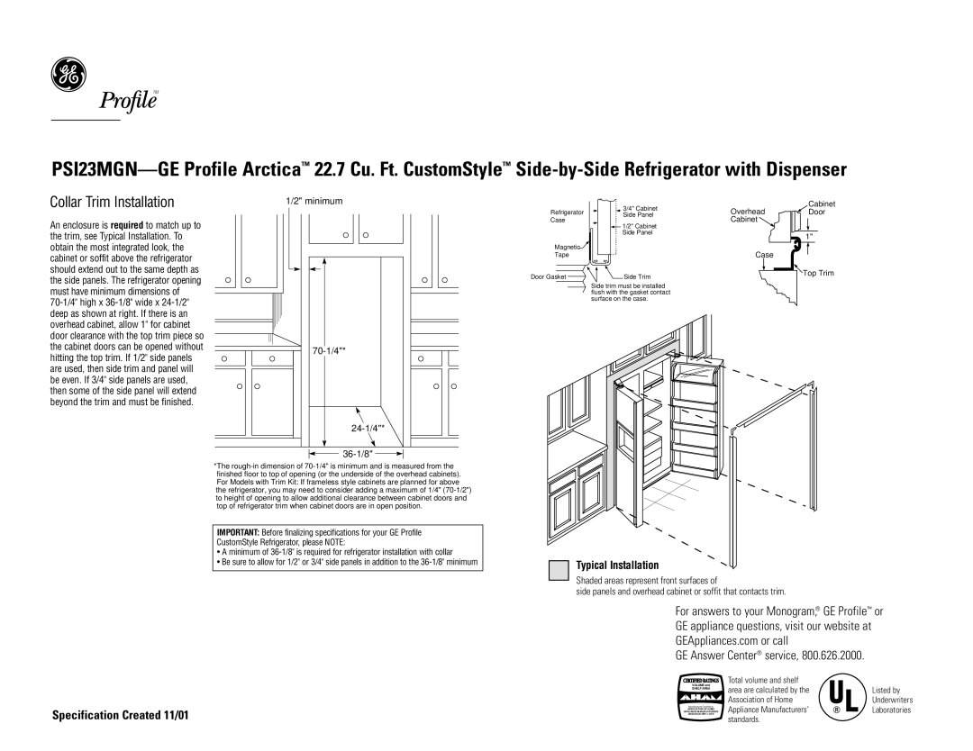 GE PSI23MGNBB, PSI23MGNWW, PSI23MGNCC dimensions Collar Trim Installation, Minimum 70-1/4 24-1/4 36-1/8 