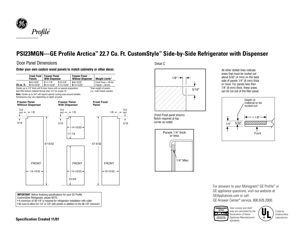 GE PSI23MGNWW, PSI23MGNCC, PSI23MGNBB Door Panel Dimensions, Panels 1/4 thick Or less Max, Depth, Routed out, Front 