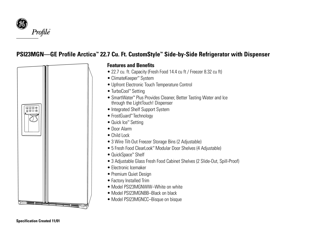 GE PSI23MGNWW, PSI23MGNCC, PSI23MGNBB dimensions Features and Benefits 