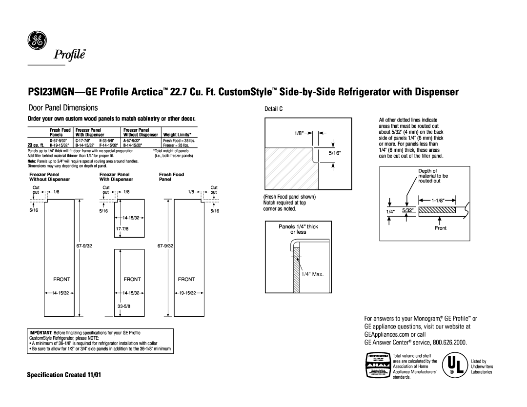 GE PSI23MGNWW Door Panel Dimensions, Specification Created 11/01, GE Answer Center service, Detail C, 5/16, Depth of, 5/32 