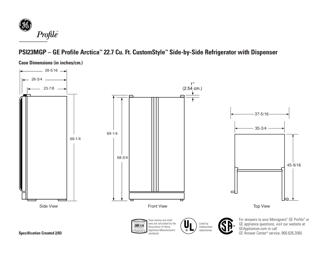 GE PSI23MGPBB, PSI23MGPCC, PSI23MGPWW dimensions Case Dimensions in inches/cm, Specification Created 2/03 