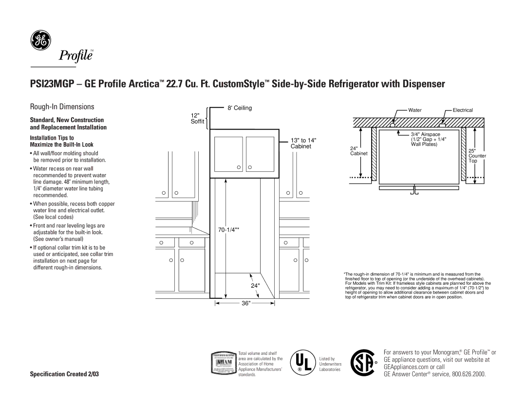 GE PSI23MGPWW, PSI23MGPCC, PSI23MGPBB dimensions Rough-In Dimensions, Soffit Ceiling 13 to 14 Cabinet 70-1/4 