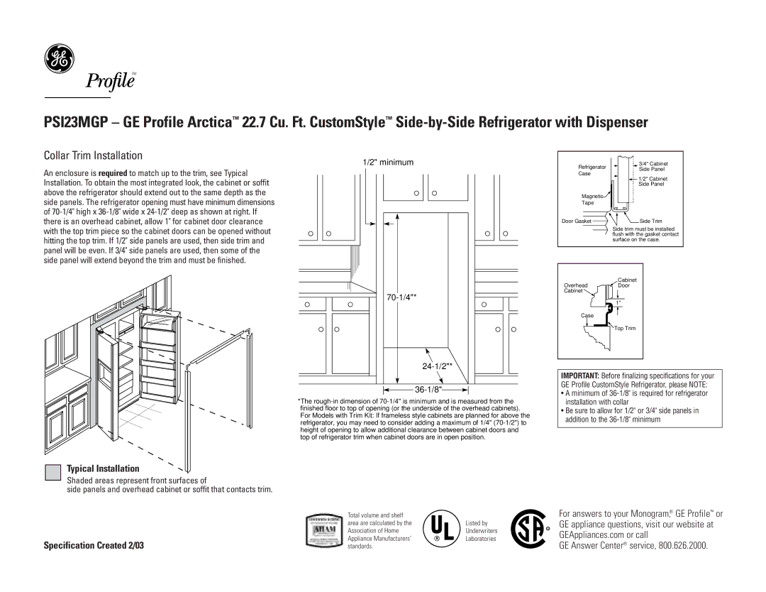 GE PSI23MGPCC, PSI23MGPBB, PSI23MGPWW Collar Trim Installation, Typical Installation, Minimum, 70-1/4 24-1/2 36-1/8 