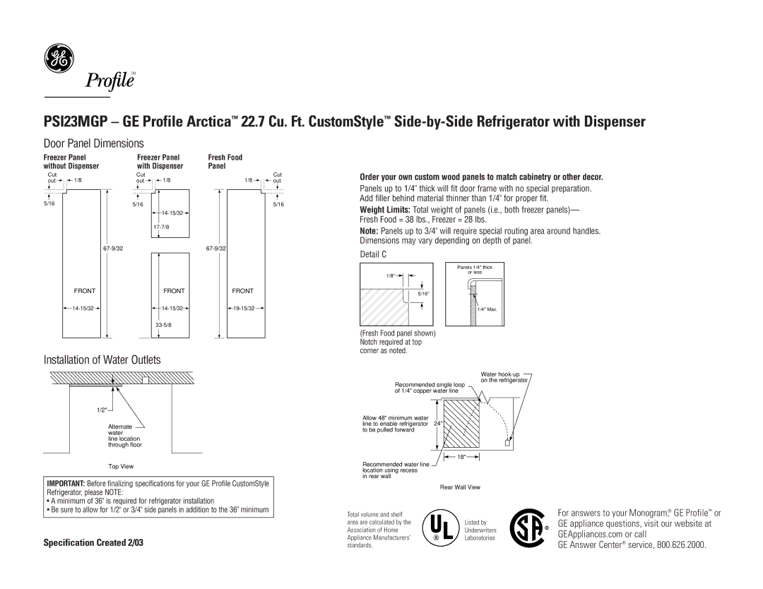 GE PSI23MGPBB, PSI23MGPCC, PSI23MGPWW dimensions Door Panel Dimensions 