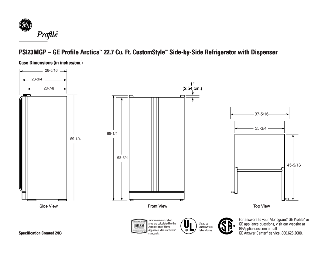 GE PSI23MGPBB dimensions Case Dimensions in inches/cm, 2.54 cm, Side View, 37J-5/16 35G-3/4, Front View, Top View, 28-5/16 