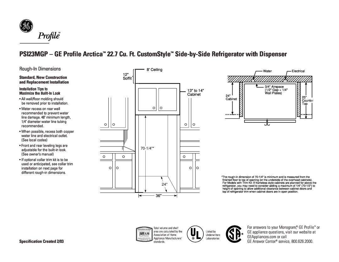 GE PSI23MGPWW Rough-In Dimensions, Specification Created 2/03, Installation Tips to Maximize the Built-In Look, Soffit 