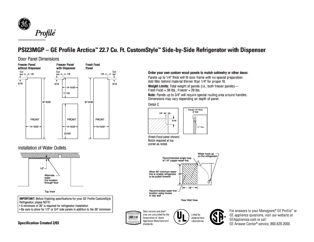 GE PSI23MGPBB Door Panel Dimensions, Installation of Water Outlets, Specification Created 2/03, Detail C, Freezer Panel 